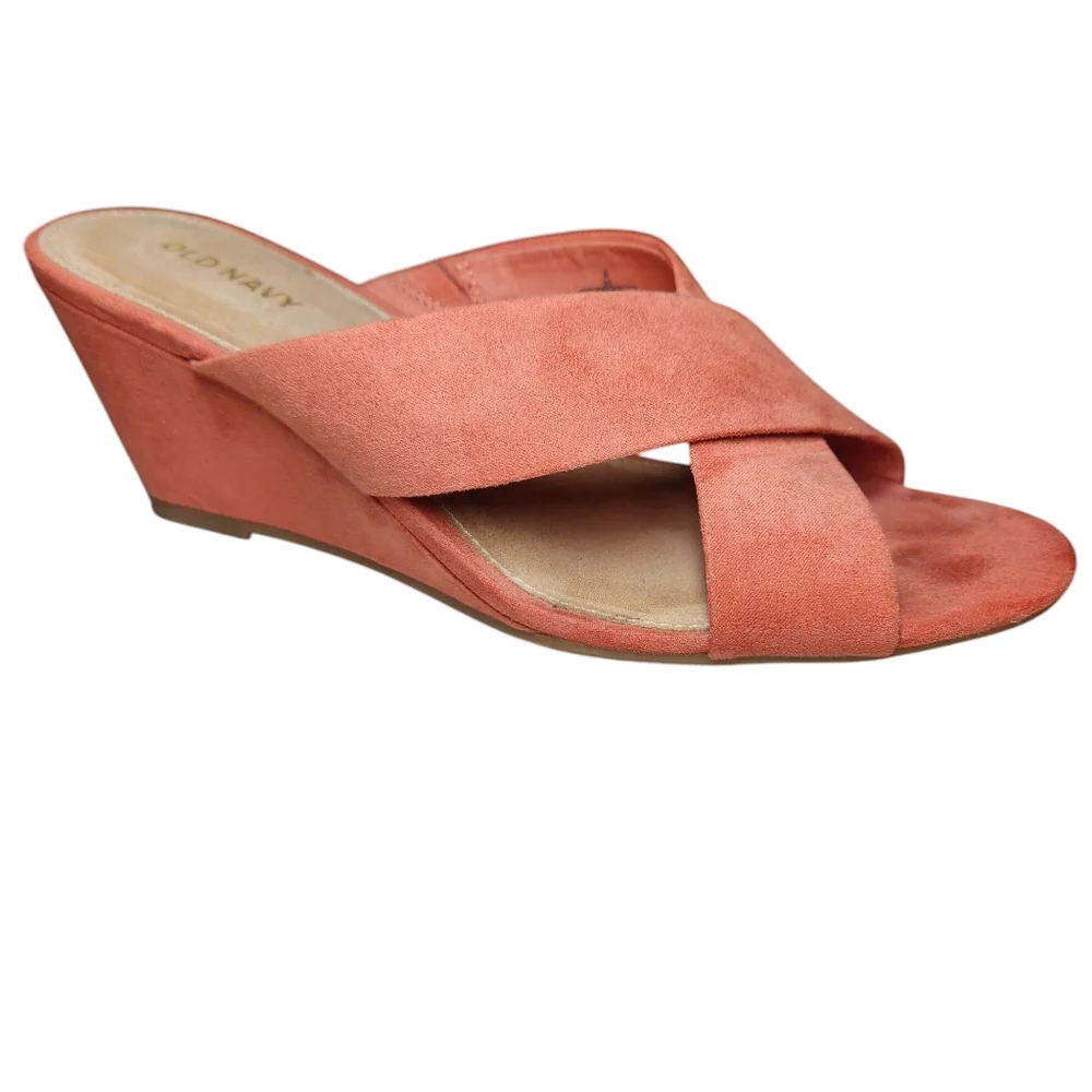 Old Navy Faux Suede Cross Strap‎ Coral Wedge Sandals Slides Desert Rose Orange 8